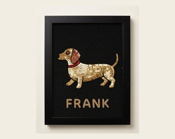 Custom Beaded Dachshund Wall Art with Name, Personalized Framed Doxie Dog Portrait, Hand Embroidered Sequin Pet Gift