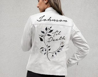 Giacca in pelle bianca da sposa personalizzata "Til Death", regali personalizzati per giacche in pelle da sposa, giacche in pelle personalizzate, giacca in pelle da sposa personalizzata