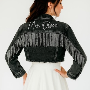 Black Fringe Denim Jacket, Custom Black Fringe Denim Jacket, Wedding Party Jacket, Denim Jacket for Bachelorette Party, Bridal Denim Jackets