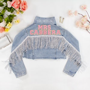 Blue Fringe Custom Bridal Patch Jacket, Personalized Patch Jacket, Customized Denim Jacket Bridal Gift, Bachelorette Patch Jean Jacket Gifts