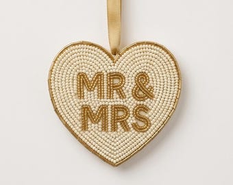 Personalized Mr and Mrs Beaded Christmas Ornament, Custom Wedding Heart Keepsake with Established Year, First Married Christmas Gift