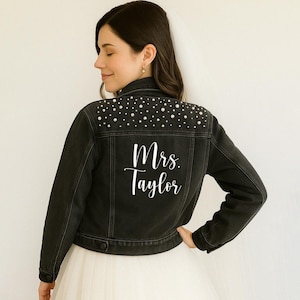Black Pearl Custom Mrs. Last Name Denim Jacket, Personalized Las Name Pearl Jean Jacket, Custom Pearl Denim Jacket, Customized Bride Jacket