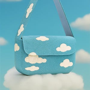 White Cloud Purse, Beaded Shoulder Bags, Blue Cloud Purse, Handmade Beaded Bag, Cloud Theme Purse, Beaded White Bags, Whimsical Cloud Purses Blue Bag White Cloud