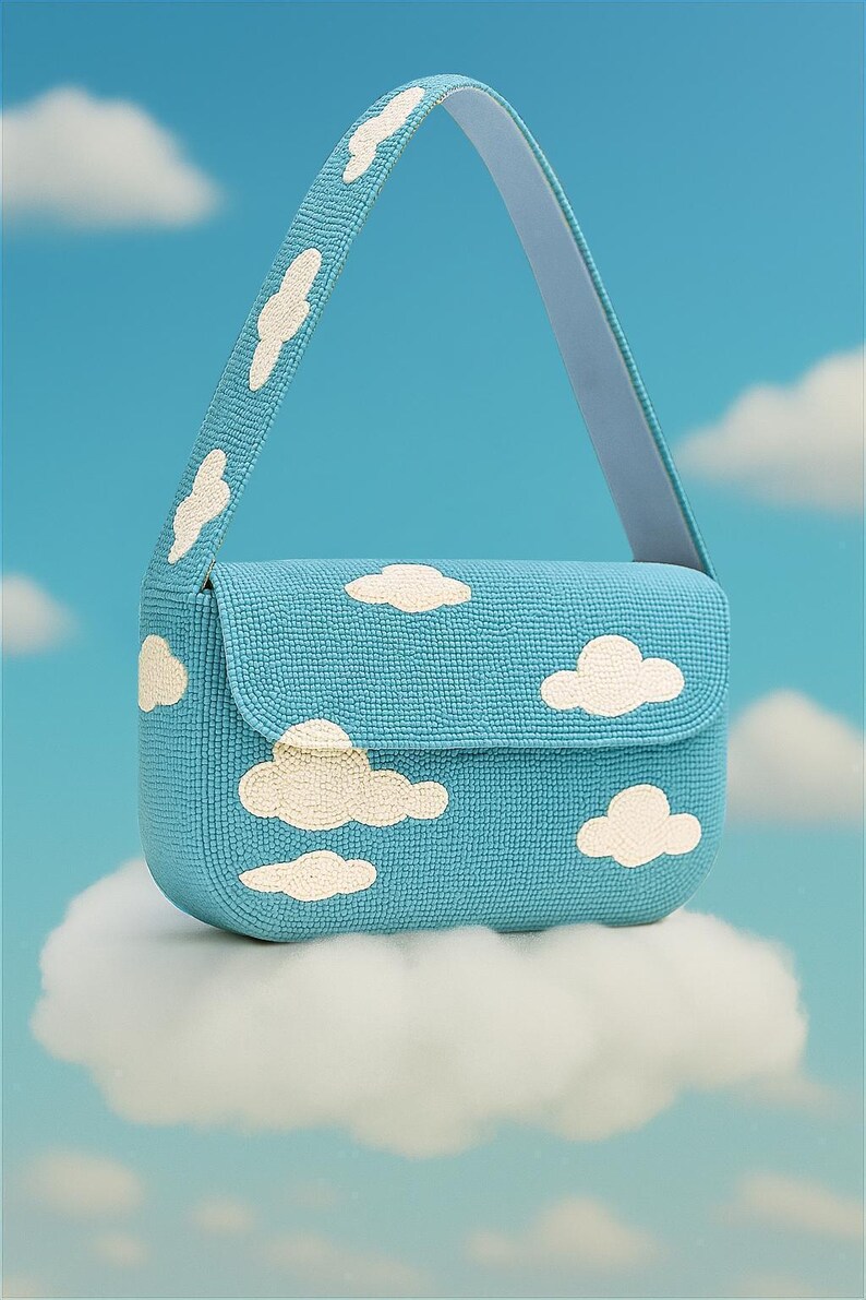 White Cloud Purse, Beaded Shoulder Bags, Blue Cloud Purse, Handmade Beaded Bag, Cloud Theme Purse, Beaded White Bags, Whimsical Cloud Purses Blue Bag White Cloud