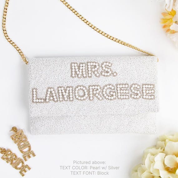 Mrs Pearl Clutch Bag, Personalized Bridal Pearl Clutch Purse, Customized Bridal Pearl Seed Bead Clutch Bag, Custom Bridal Clutch Bag - LHFC