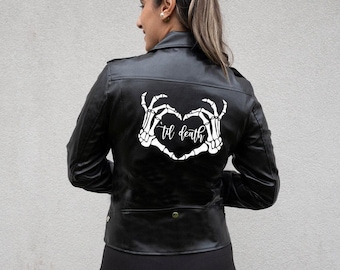 Schwarz bis zum Tod Kunstlederjacke, benutzerdefinierte Lederjacke, benutzerdefinierte Skelett Hände Lederjacke, benutzerdefinierte Lederjacke für Brautgeschenk
