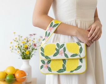 Zitronen Geldbörse, Perlen Umhängetasche, Italienische Handtasche, Amalfi Küste Tasche, Perlen Crossbody Clutch Geldbörsen, Sommerhandtasche, Zitronen Print Taschen