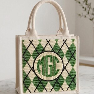 Personalized Golf Mini Tote Bag, Green Argyle Beaded Monogram Purse, Custom Initial Canvas Bag, Golf Gift For Women, Preppy Tote, Gift Ideas