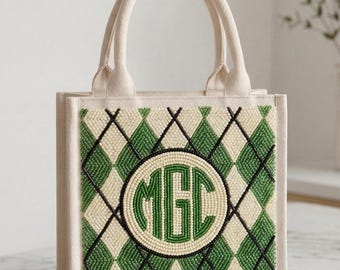 Personalized Golf Mini Tote Bag, Green Argyle Beaded Monogram Purse, Custom Initial Canvas Bag, Golf Gift For Women, Preppy Tote, Gift Ideas