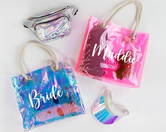 Klare Strand-Einkaufstasche, individuelles Brautjungfern-Antragsgeschenk, personalisierte Bachelorette-Einkaufstasche, neontransparente Einkaufstasche, individuelle Braut-Einkaufstasche