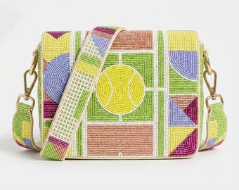 Beaded Tennis Bag, Tennis Court Purse, Tennis Lover Gift, Pickleball Purse, Sports Handbag, Athlete Purse, Tennis Crossbody, Tennis Clutches