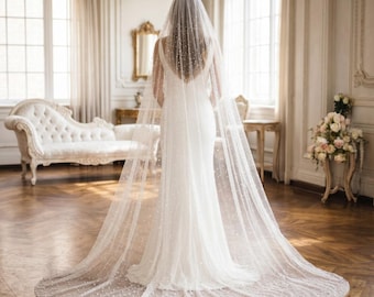 Welon ślubny z pereł, welon ślubny z pereł, welon katedralny z pereł, welon ślubny z koralikami, romantyczny welon ślubny, elegancki welon z pereł, welon z perłowego tiulu
