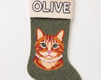 Personalized Beaded Christmas Stocking with Name, Tabby Cat Pearl Collar Holiday Stocking, Custom Pet Velvet Mantle Decor