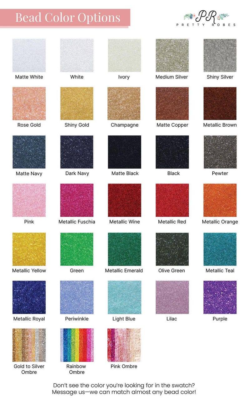 a variety of bead color options, including metallic shades, such as white, gold, silver, and black, as well as glittery and glittery-like colors like rose gold, champagne, and metallic brown. The image also shows a color swatch with a mix of metallic and glittery colors, including shades of white, gold, silver, black, and purple. The image does not contain any text, and the color options are presented in a grid format, allowing for easy comparison and selection.