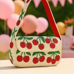 Bolso de hombro con cuentas de cereza, bolso con diseño de cereza, bolso de mano con cuentas de cereza, bolso de cereza hecho a mano, bolso de frutas tropicales, bolso artesanal de cereza como regalo