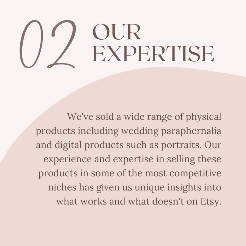 K&ouml;nnte beinhalten: Eine rosa und wei&szlig;e Grafik mit der Nummer 02 und dem Text "OUR EXPERTISE". Der Text darunter lautet "We've sold a wide range of physical products including wedding paraphernalia and digital products such as portraits. Our experience and expertise in selling these products in some of the most competitive niches has given us unique insights into what works and what doesn't on Etsy."
