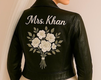 Giacca in pelle da sposa personalizzata, giacca in pelle con ricami floreali, giacche in pelle da sposa personalizzate, giacche personalizzate con nome della sposa ricamato