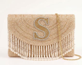 Personalized Beaded Monogram Clutch with Fringe, Custom Initial Bridal Purse, Champagne Pearl Wedding Evening Bag, Bridesmaid Gift