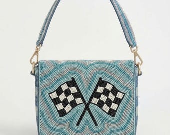 Racing Flag Beaded Shoulder Bag, Blue Checkered Flag Bag, Race Day Handbag, Beaded Crossbody Bag, Motorsport Gift, Game Day Purse, Fan Gifts