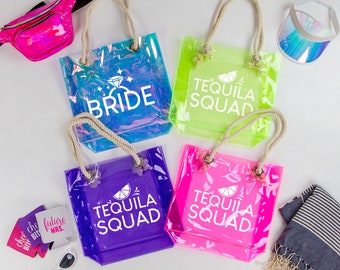 Custom Bride Tote Bag, Bridesmaid Tequila Squad Tote Bag, Personalized Transparent Tote Bag, Neon Tote Bag Gifts, Personalized Tote for Bach