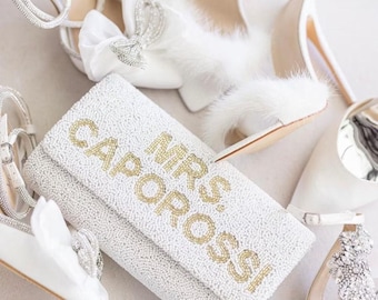 Customized Beaded Bridal Clutch, Beaded Clutch Purse with Last Name for Brides, Wedding Party Clutch Purse, Personalized Bridal Clutch - FOG