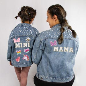 Blaue Perle Blumenmädchen Patch Jeansjacke, Mädchen Chenille Brief Patch Jeansjacke, Benutzerdefinierte Kinder Jeansjacke, Benutzerdefinierte Patch Kinderjacke