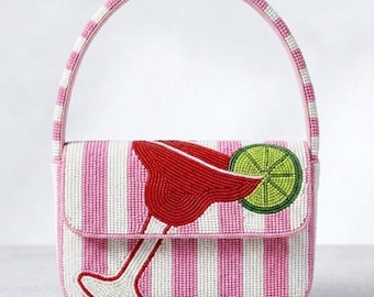 Pink Stripe Beaded Shoulder Bag, Handmade Cocktail Purse, Red Drink Handbag, Summer Vacation Bag, Girls Night Gifts, Unique Statement Styles