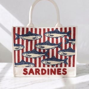 Sardine Beaded Tote, Striped Sardine Bag, Red Navy Tote, Coastal Stripe Tote, Fish Pattern Bag, Mediterranean Tote Bags, Beaded Canvas Totes image 1