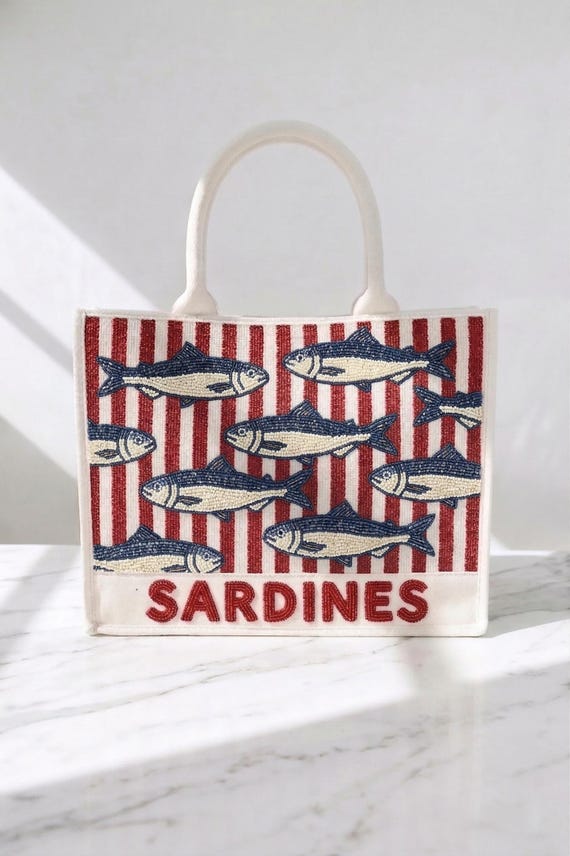 Sardine Beaded Tote, Striped Sardine Bag, Red Navy Tote, Coastal Stripe Tote, Fish Pattern Bag, Mediterranean Tote Bags, Beaded Canvas Totes