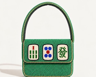 Personalized Mahjong Beaded Shoulder Bag, Custom Jade Green Beaded Mahjong Tile Purse, Handmade Game Night Handbag