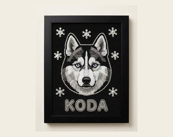 Custom Beaded Husky Wall Art with Pet Name, Hand Embroidered Dog Portrait in Wood Frame, Personalized Siberian Husky Memorial Gift