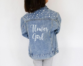 Chaqueta vaquera Pearl para niña de las flores con nombre personalizado, chaqueta vaquera infantil personalizada para la fiesta de bodas.