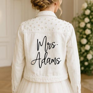 White Pearl Customized Denim Jacket, Custom Mrs Denim Jacket, White Denim Jacket, Bachelorette Pearl Jacket, Bride Denim Jacket, Bride Gift image 1