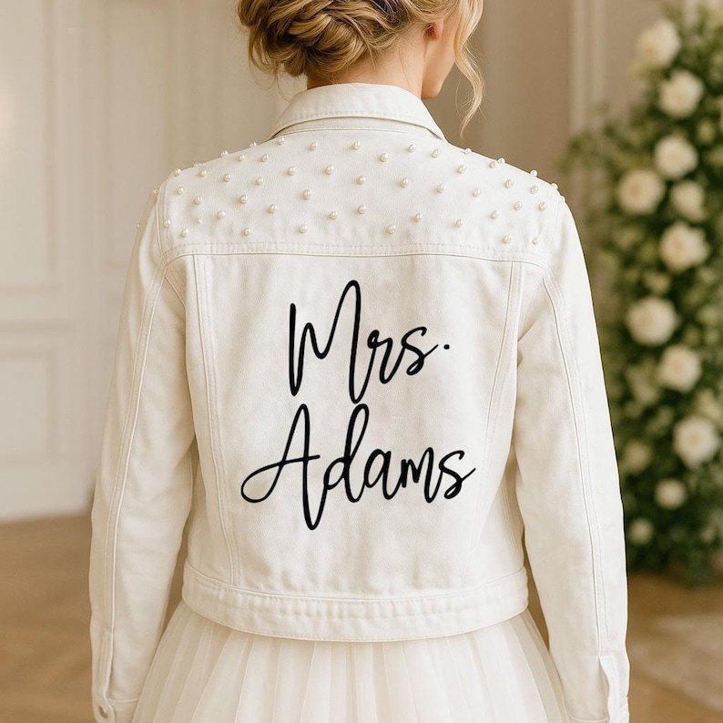 White Pearl Customized Denim Jacket, Custom Mrs Denim Jacket, White Denim Jacket, Bachelorette Pearl Jacket, Bride Denim Jacket, Bride Gift image 1