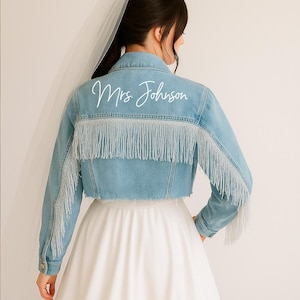 Blue Fringe Custom Denim Jacket, Bridal Denim Jacket, Bride Jean Jacket, Bachelorette Party Denim Jacket, Wedding Party Bridal Denim Jacket