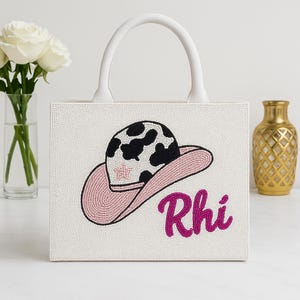 Cowgirl Hat Beaded Tote Bag, Cowgirl Seed Bead Tote Bag, Custom Beaded Tote Bag Gifts, Personalized Beaded Tote Bags, Custom Beaded Tote Bag