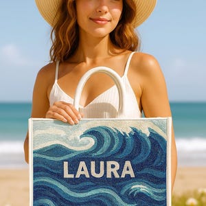 Personalized Beach Tote Bags, Custom Name Bags, Ocean Wave Purses, Coastal Handbag, Beaded Beach Tote, Tropical Tote Bag, Sea Life Tote Bags image 1