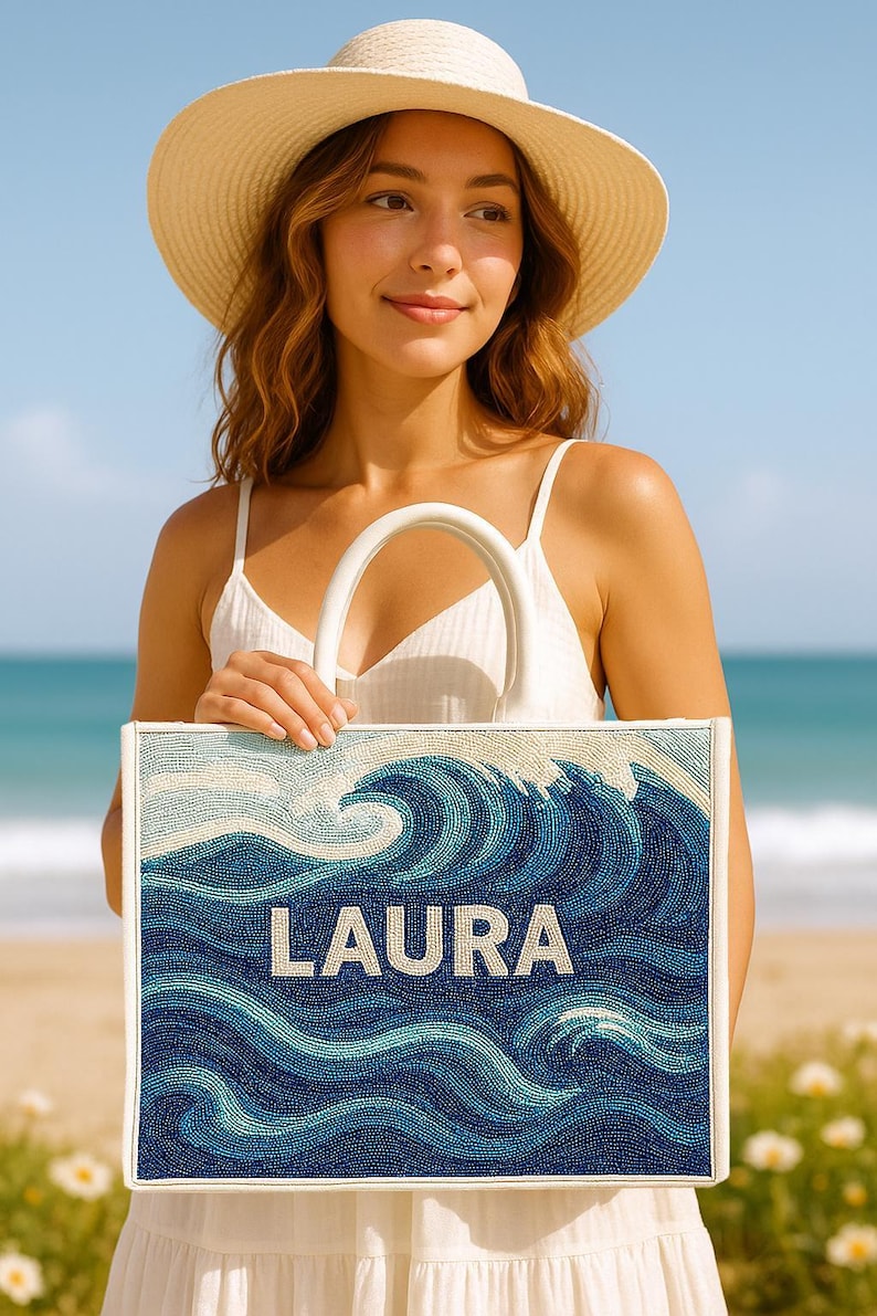 Personalized Beach Tote Bags, Custom Name Bags, Ocean Wave Purses, Coastal Handbag, Beaded Beach Tote, Tropical Tote Bag, Sea Life Tote Bags image 1