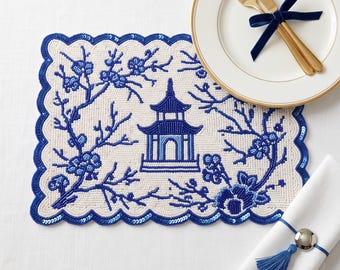 Blue Chinoiserie Beaded Placemat, Personalized Pagoda Table Mat with Scalloped Edge, Blue and White Dining Table Decor, Grandmillennial