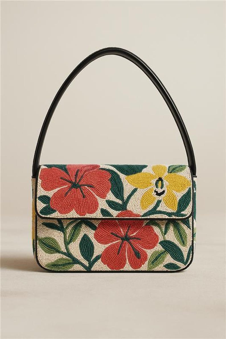 Beaded Shoulder Bags, Tiger Beaded Purse, Animal Print Clutch, Jungle Theme Bags, Handcrafted Purse, Custom Beaded Bag, Exotic Animal Purses Tropical Flowers