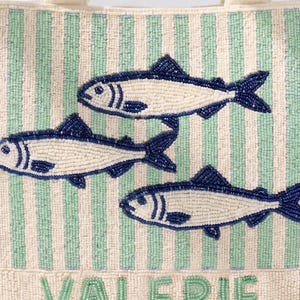 Sardine Beaded Tote, Minimal Fish Tote, Blue Stripe Tote, Mint Sardine Bag, Coastal Minimal Tote, Fish Design Tote, Beaded Summer Beach Tote image 2