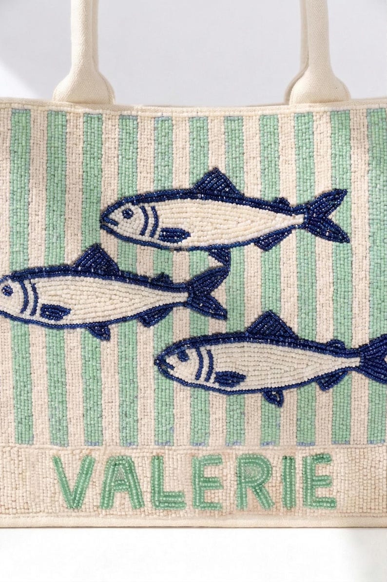 Sardine Beaded Tote, Minimal Fish Tote, Blue Stripe Tote, Mint Sardine Bag, Coastal Minimal Tote, Fish Design Tote, Beaded Summer Beach Tote image 2