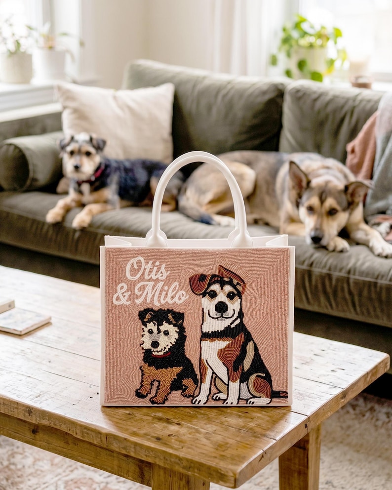 Borsa tote personalizzata con perline per animali domestici, borse tote personalizzate per cani, borse tote personalizzate per gatti con perline, borse tote con ritratti di animali domestici, borsa per animali domestici realizzata a mano con perline, borsa tote personalizzata per mamme di cani immagine 9