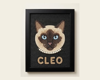 Personalized Siamese Cat Framed Wall Art, Custom Hand Beaded Pet Portrait, Cat Lover Gift with Name and Pearl Collar, Beaded Pet Memorial