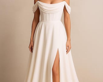 Suknia ślubna z odkrytymi ramionami, biała suknia ślubna, eleganckie suknie ślubne, satynowe suknie ślubne, nowoczesna suknia ślubna, klasyczna suknia ślubna z rozcięciem