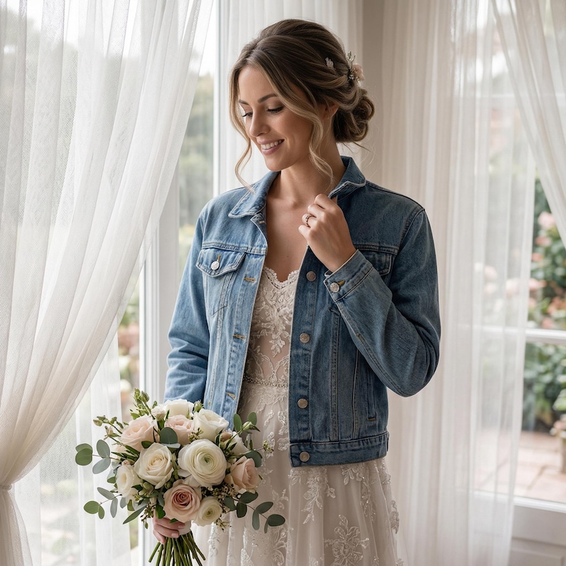 May include: A light blue denim jacket with button closures. The jacket is worn over a white lace dress. A bouquet of white and blush roses and greenery is held in front of the dress. The background includes a window with sheer white curtains.