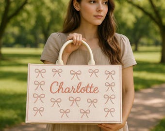 Embroidered Custom Pink Ribbon Tote Bag, Customized Pink Ribbon Tote Bag, Personalized Pink Bow Canvas Tote, Custom Name Bow Script Tote Bag