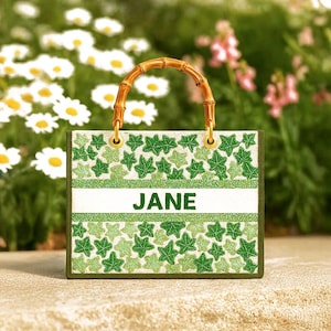 Personalized Tote Bag, Custom Name Handbag, Green Leaf Print Purse, Bamboo Handle Bag, Embroidered Name Bag, Luxury Designer Bag, Summer Bag