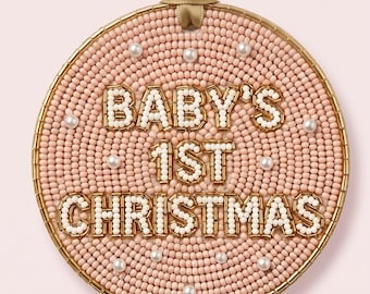 Personalized Babys First Christmas Ornament, Custom Hand Beaded Keepsake Ornament with Name and Year, Pink Pearl Holiday Tree Decor