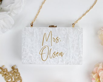 Custom Mrs. Last Name Clutch Bag, Marbled Acrylic Box Clutch Gifts, Wedding Clutch Bag, Bachelorette Clutch Purse, Personalized Clutch Bags